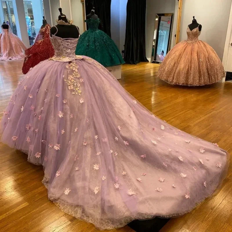 Pretty Spaghetti Straps 3D Flowers Adorned Court Train Quinceanera Ball Gown Lace Inside Y1247 by simplepromdress