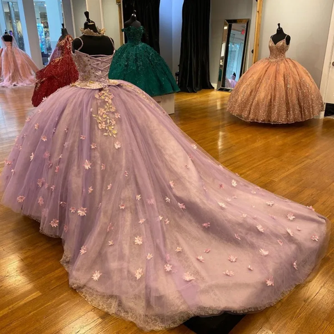 Pretty Spaghetti Straps 3D Flowers Adorned Court Train Quinceanera Ball Gown Lace Inside Y1247