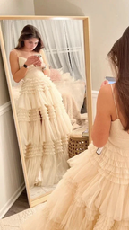 Champagne A-Line Spaghetti Straps Ruffles Formal Evening Dresses Long Prom Dress Y6801 by simplepromdress