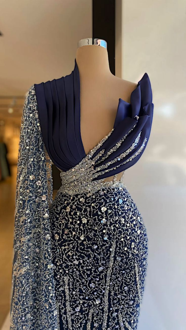 Navy Blue One Shoulder Evening Dresses V Neck Prom Gowns Custom Made Sequin Sparkly Formal Party Dresses Y4936 Main Image