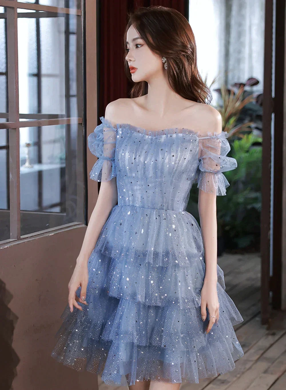 Blue Short Layers Tulle Formal Dress Blue Off Shoulder Homecoming Dress Party Dress Y1975 by simplepromdress