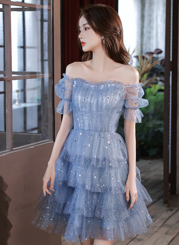 Blue Short Layers Tulle Formal Dress Blue Off Shoulder Homecoming Dress Party Dress Y1975