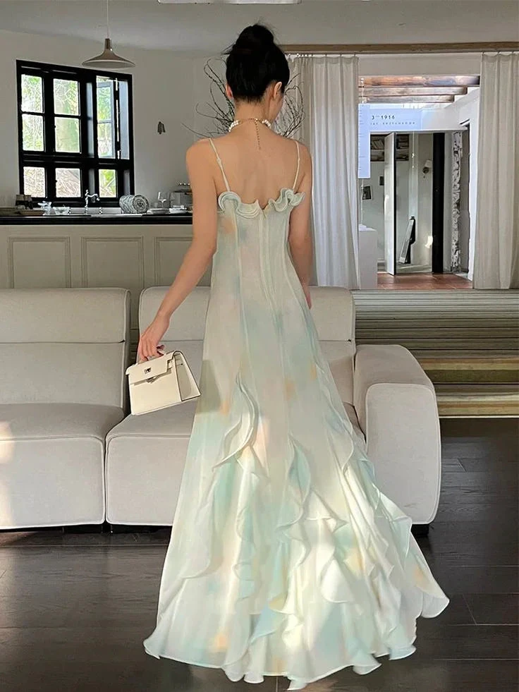 Beautiful Green Chiffon Layered Ruffle Prom Dress Straps Evening Gown Y7897 by simplepromdress