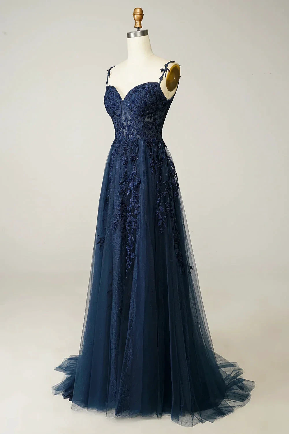A-line Navy Blue Prom Dress Lace Tulle Evening Dress Y382 by simplepromdress