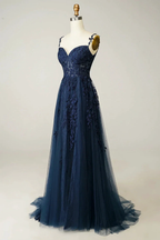 A-line Navy Blue Prom Dress Lace Tulle Evening Dress Y382 by simplepromdress