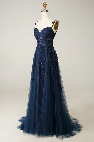 A-Linie Marineblaues Ballkleid Spitze Tüll Abendkleid Y382