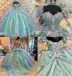 Lilac 3D Flowers Ball Gown Quinceanera Dresses Puff Long Sleeves Y6580 by simplepromdress
