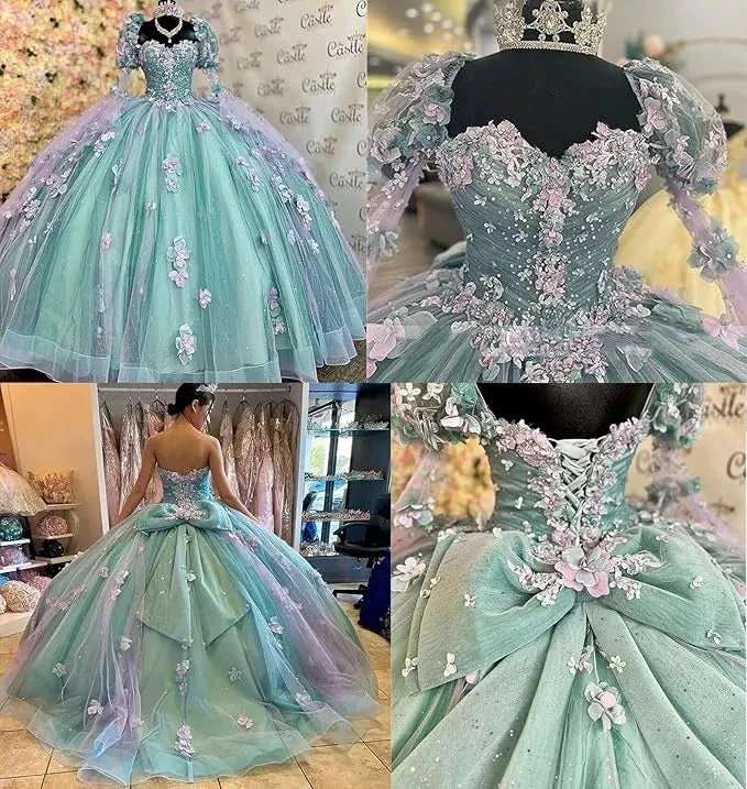 Lilac 3D Flowers Ball Gown Quinceanera Dresses Puff Long Sleeves Y6580 by simplepromdress