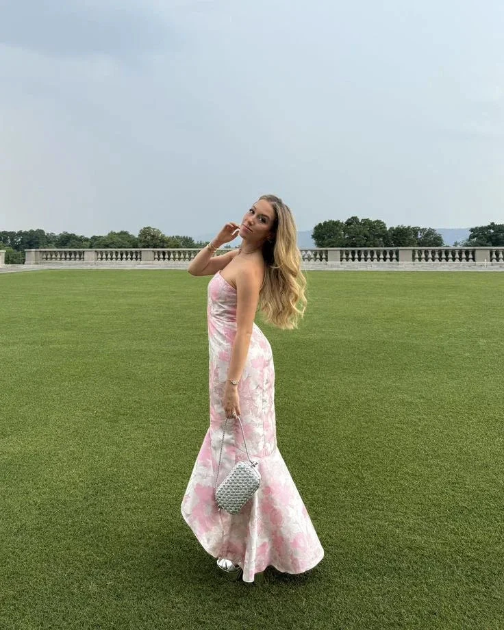 Sweet Pink Satin Print Floral Evening Dress Mermaid Prom Dress Y7828 by simplepromdress