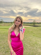 Modest Fuchsia V Neck Satin Long Evening Dress, Formal Gown Y3096 by simplepromdress
