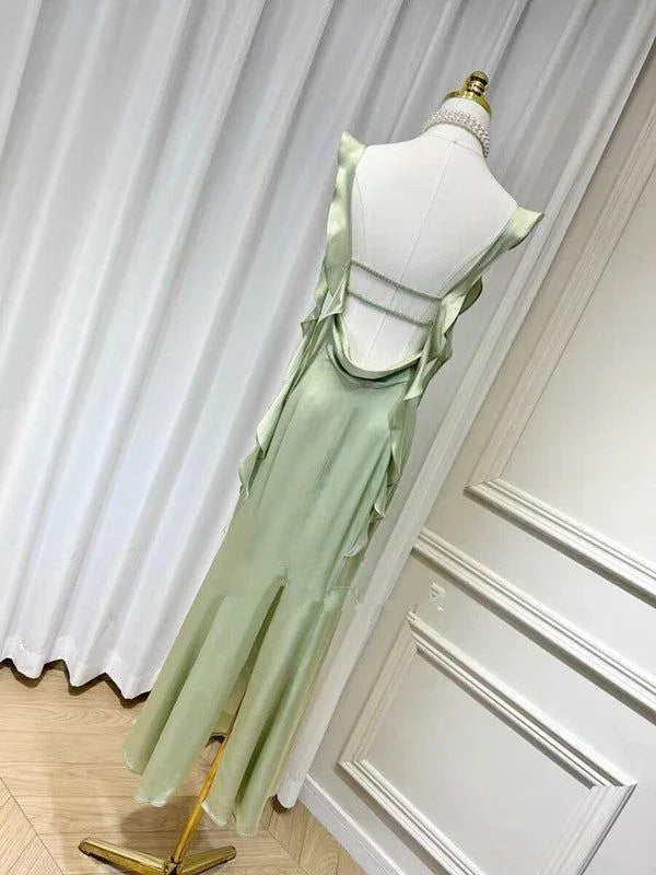 Elegant Summer Ruffle Ribbon Slip Backless Sexy Dress For Women Chic Ruched Slim Evening Dress Y7390 by simplepromdress