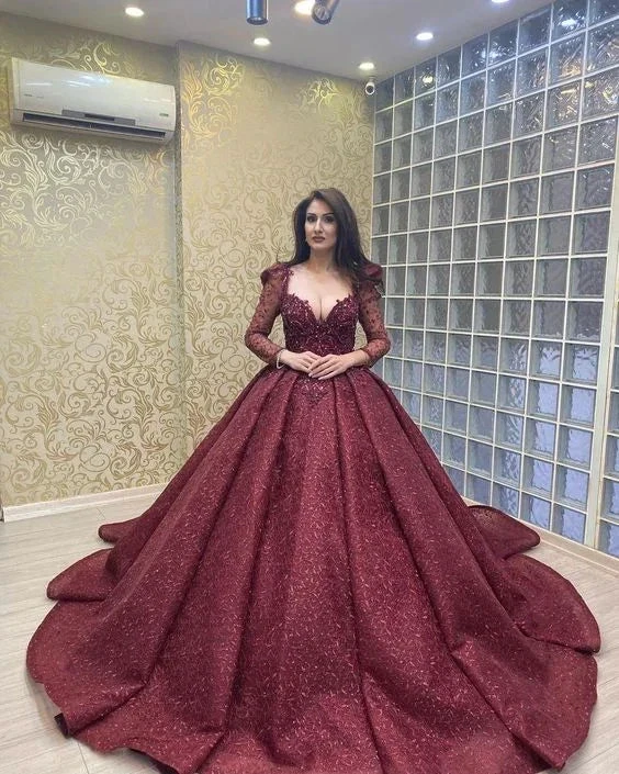 Luxurious Long Sleeves Burgundy Ball Gown,Sweet 16 Dress Y6097 by simplepromdress