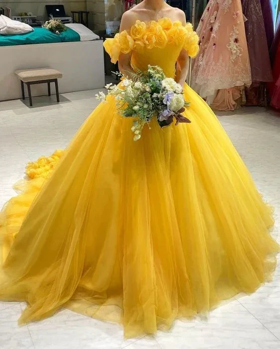 Off The Shoulder Yellow Tulle Ball Gown,Yellow Princess Dress Y4627 by simplepromdress
