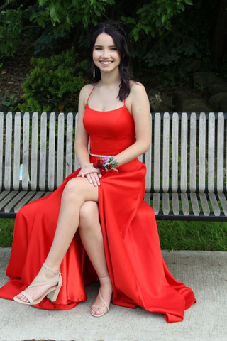Simple Red A-line Prom Dress Lace-up Back Evening Dress Y6547