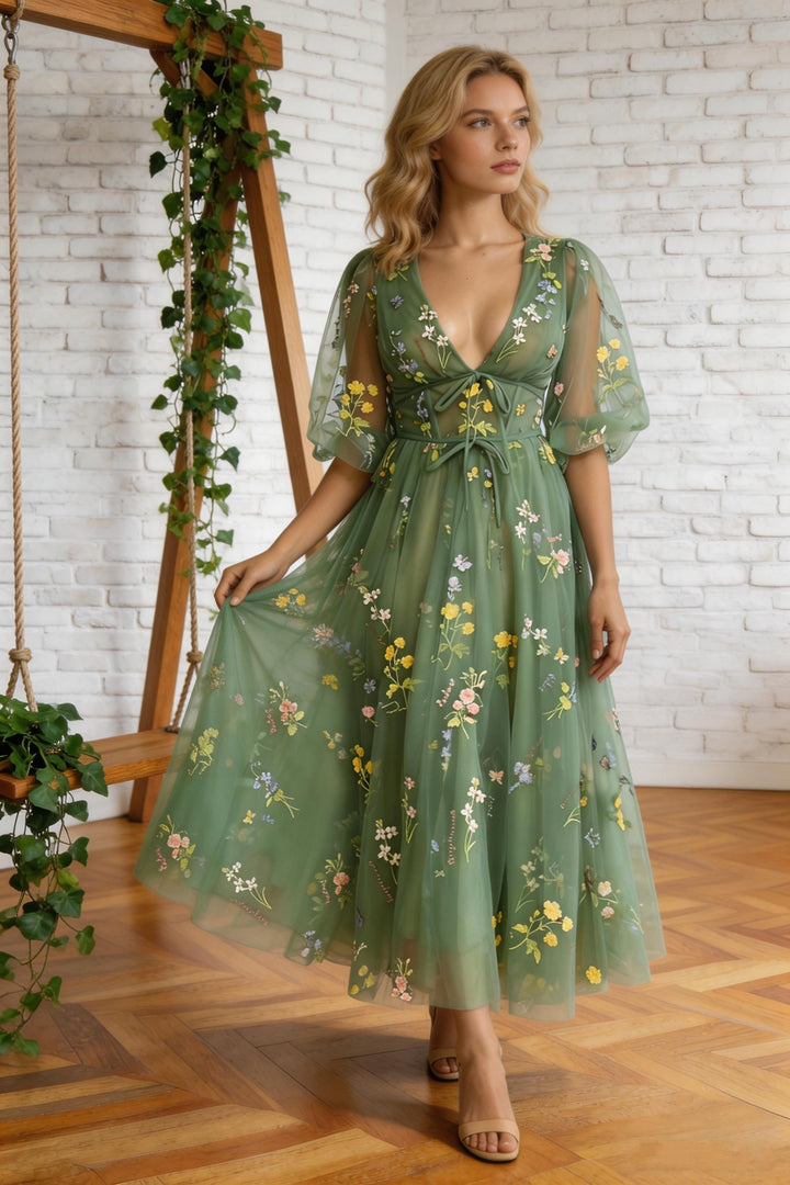 Illusion A-Line V-Neck Half Sleeves Appliques Tulle Prom Formal Dress PSK384 by pgmdress