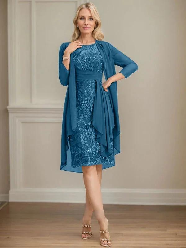 Sheath/Column Scoop Illusion Knee-Length Lace Chiffon Mother of the Bride Dress With Cascading Ruffles Sequins by Dreamylily