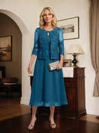 A-line Scoop Tea-Length Lace Chiffon Mother of the Bride Dress With Sequins by Dreamylily