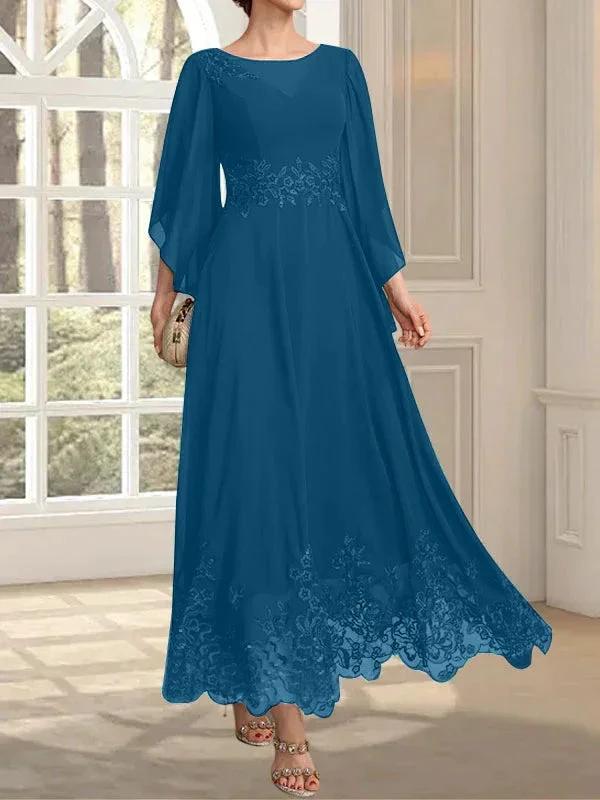 A-line Scoop Illusion Ankle-Length Lace Chiffon Mother of the Bride Dress With Sequins by Dreamylily