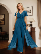 Jumpsuit/Pantsuit V-Neck Floor-Length Chiffon Evening Dress