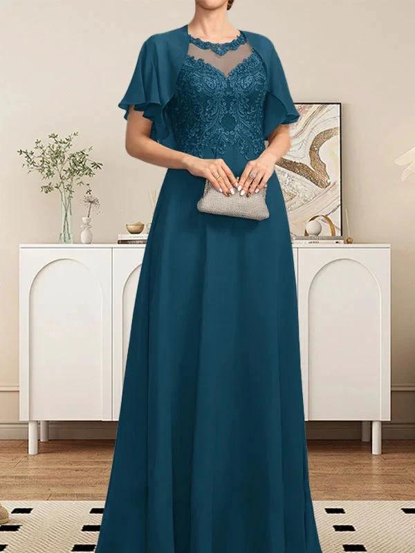 A-line Scoop Illusion Floor-Length Lace Chiffon Mother of the Bride Dress With Sequins by Dreamylily