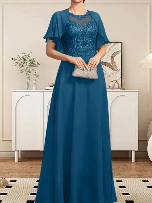 A-line Scoop Illusion Floor-Length Lace Chiffon Mother of the Bride Dress With Sequins by Dreamylily