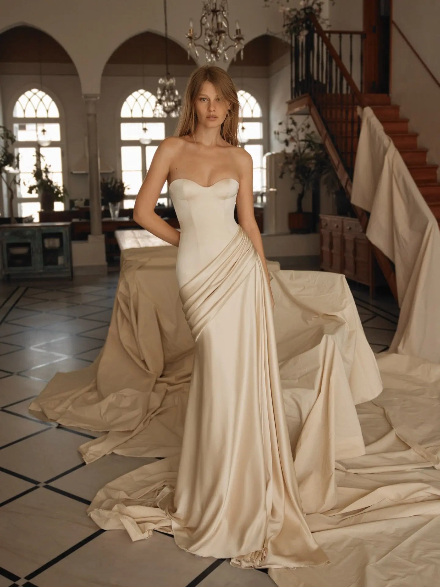Elegant Strapless Sweetheart Draped Satin Mermaid Wedding Dress SW740