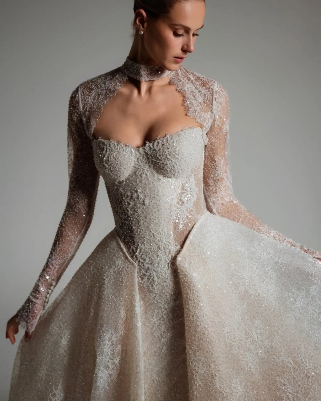 Luxury Ivory Beaded Long Sleeve Train Wedding Dress with Overskirt SW168