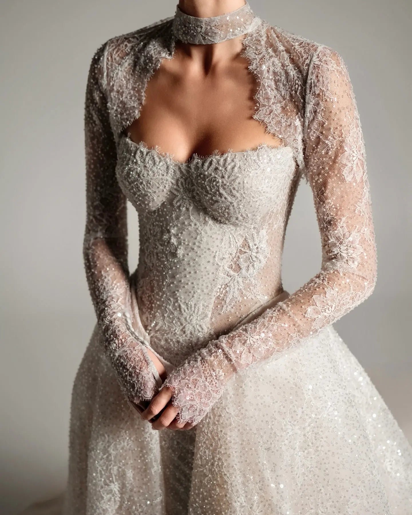 Luxury Ivory Beaded Long Sleeve Train Wedding Dress with Overskirt SW168