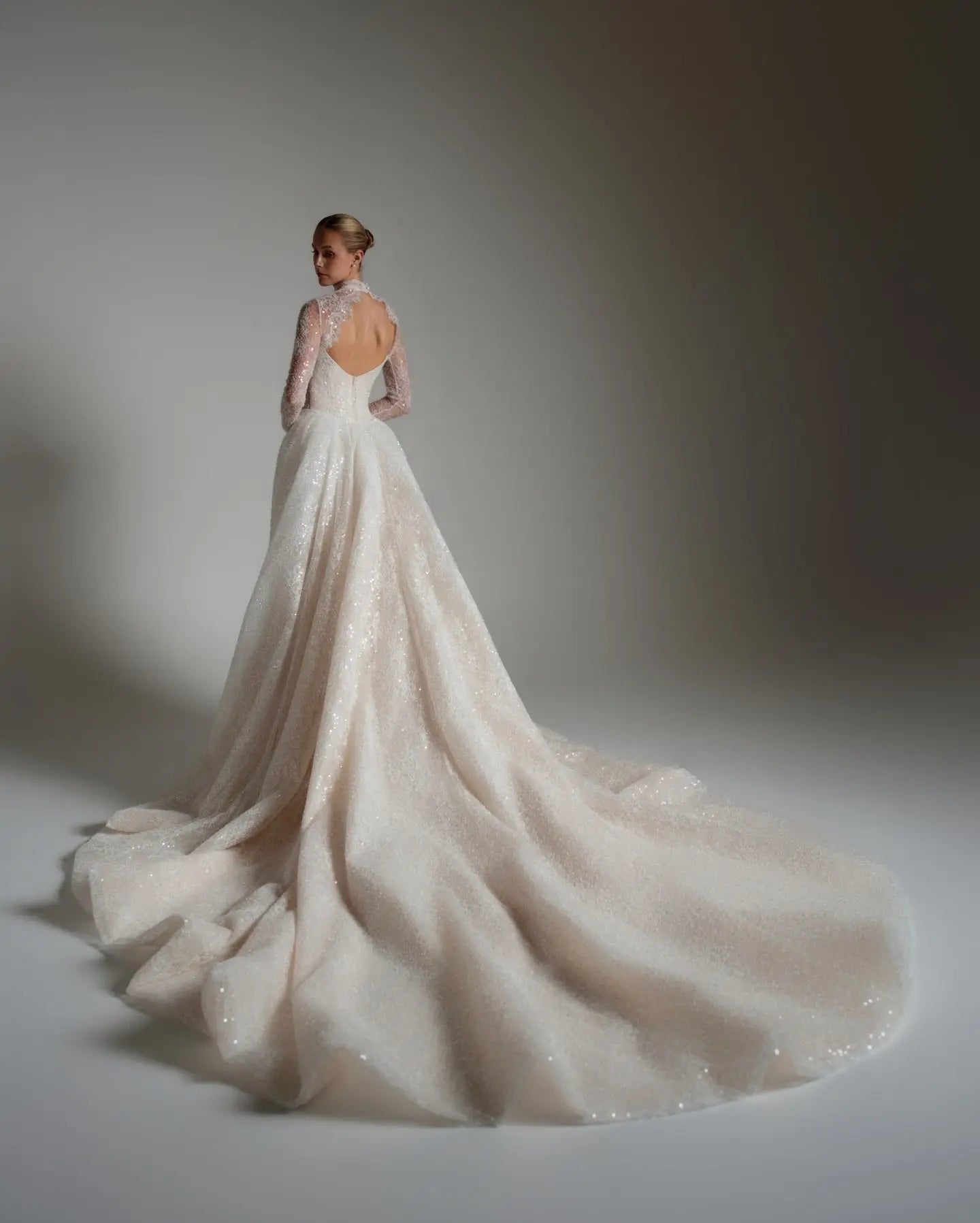 Luxury Ivory Beaded Long Sleeve Train Wedding Dress with Overskirt SW168