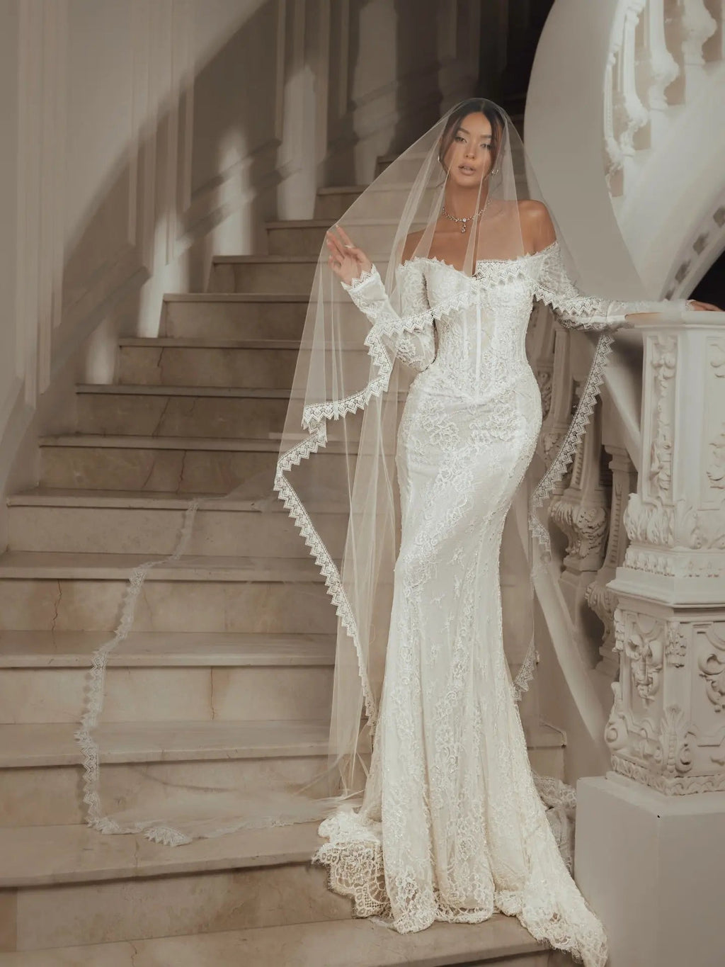 White Off the Shoulder Long Sleeve Lace Mermaid Wedding Dress SW135