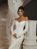 White Off the Shoulder Long Sleeve Lace Mermaid Wedding Dress SW135