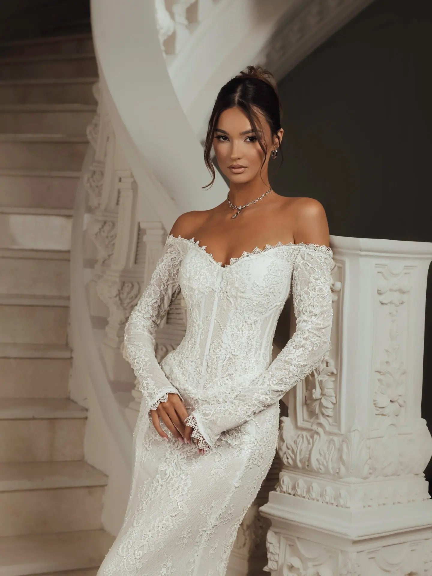 White Off the Shoulder Long Sleeve Lace Mermaid Wedding Dress SW135