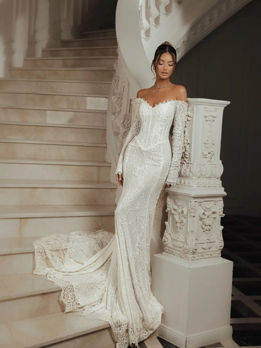White Off the Shoulder Long Sleeve Lace Mermaid Wedding Dress SW135