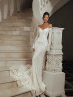 White Off the Shoulder Long Sleeve Lace Mermaid Wedding Dress SW135