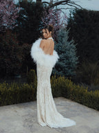 White Halter Backless Lace Mermaid Wedding Dress with Feather Shawl SW133