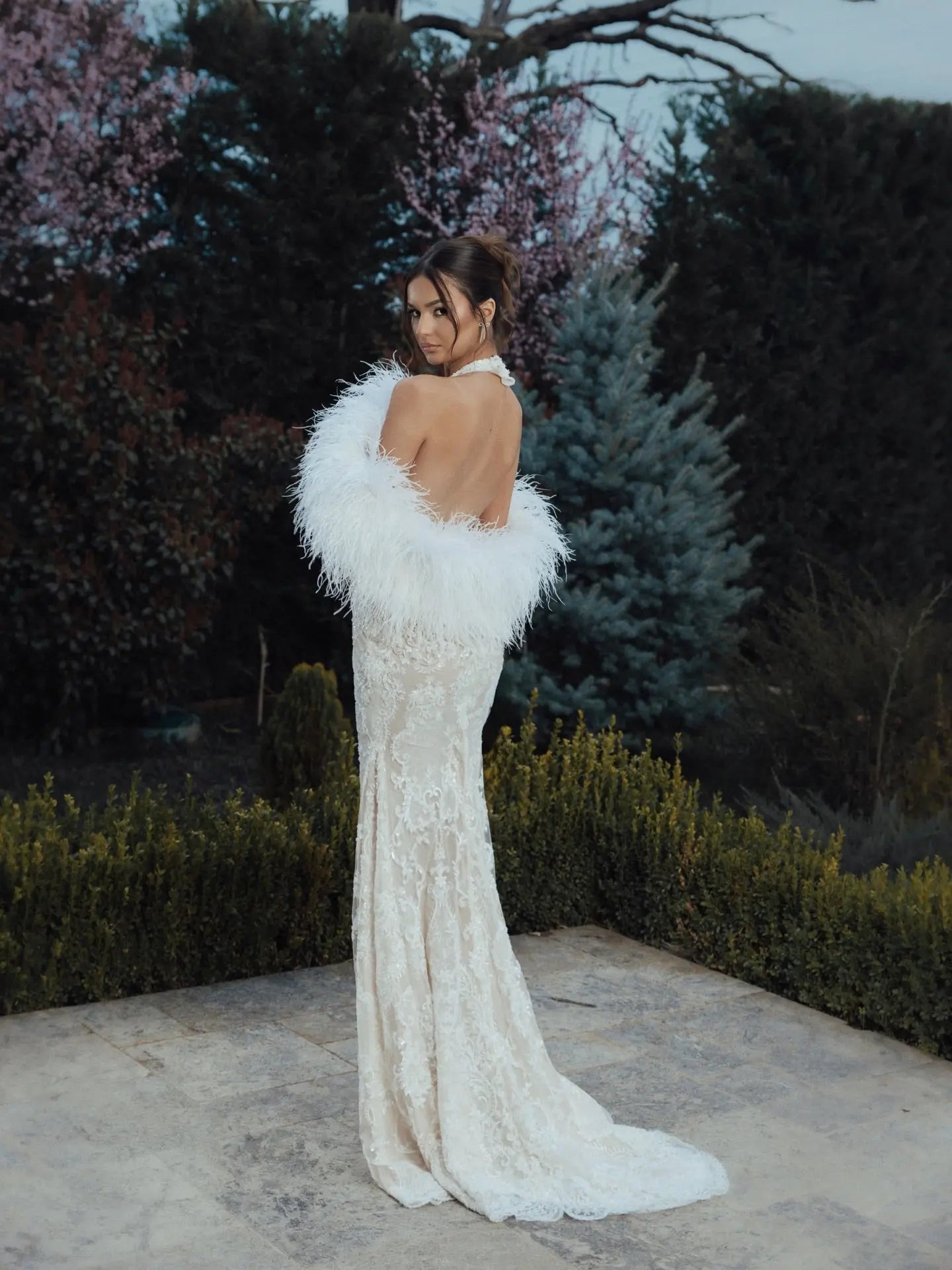 White Halter Backless Lace Mermaid Wedding Dress with Feather Shawl SW133