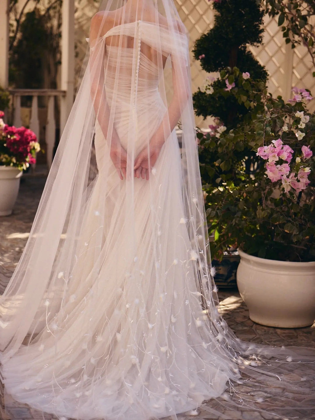 Elegant Off-the-Shoulder Ruched 3D Floral Wedding Dress with Veil SW233