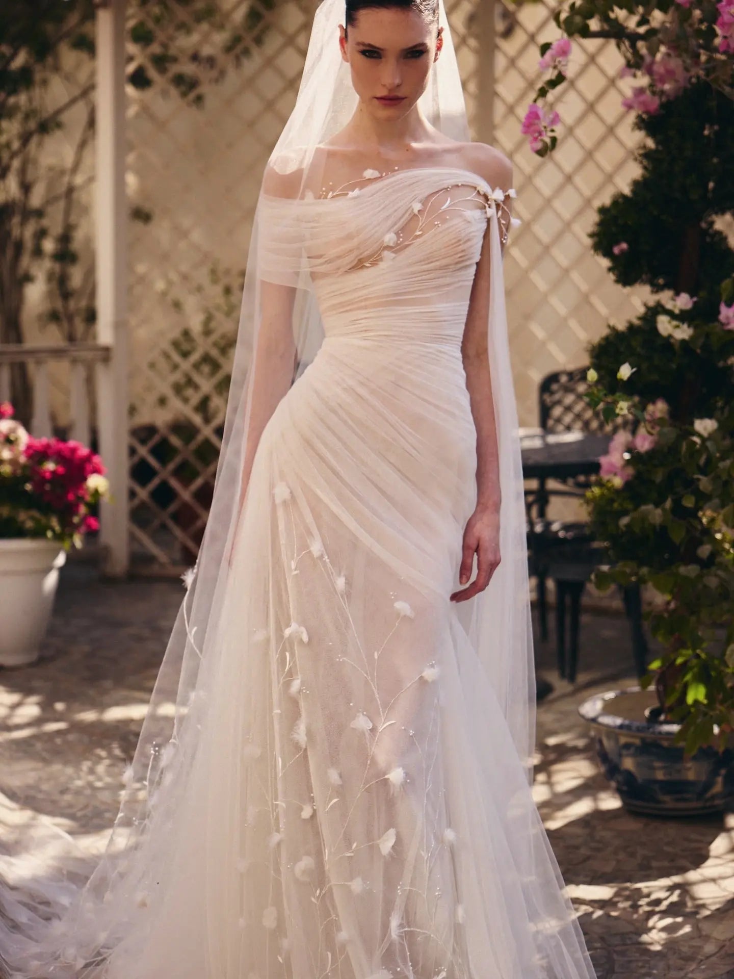 Elegant Off-the-Shoulder Ruched 3D Floral Wedding Dress with Veil SW233