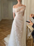 Elegant Off-the-Shoulder Ruched 3D Floral Wedding Dress with Veil SW233