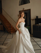 Minimalist Strapless Lace Trim Corset Satin Ball Gown Wedding Dress SW741