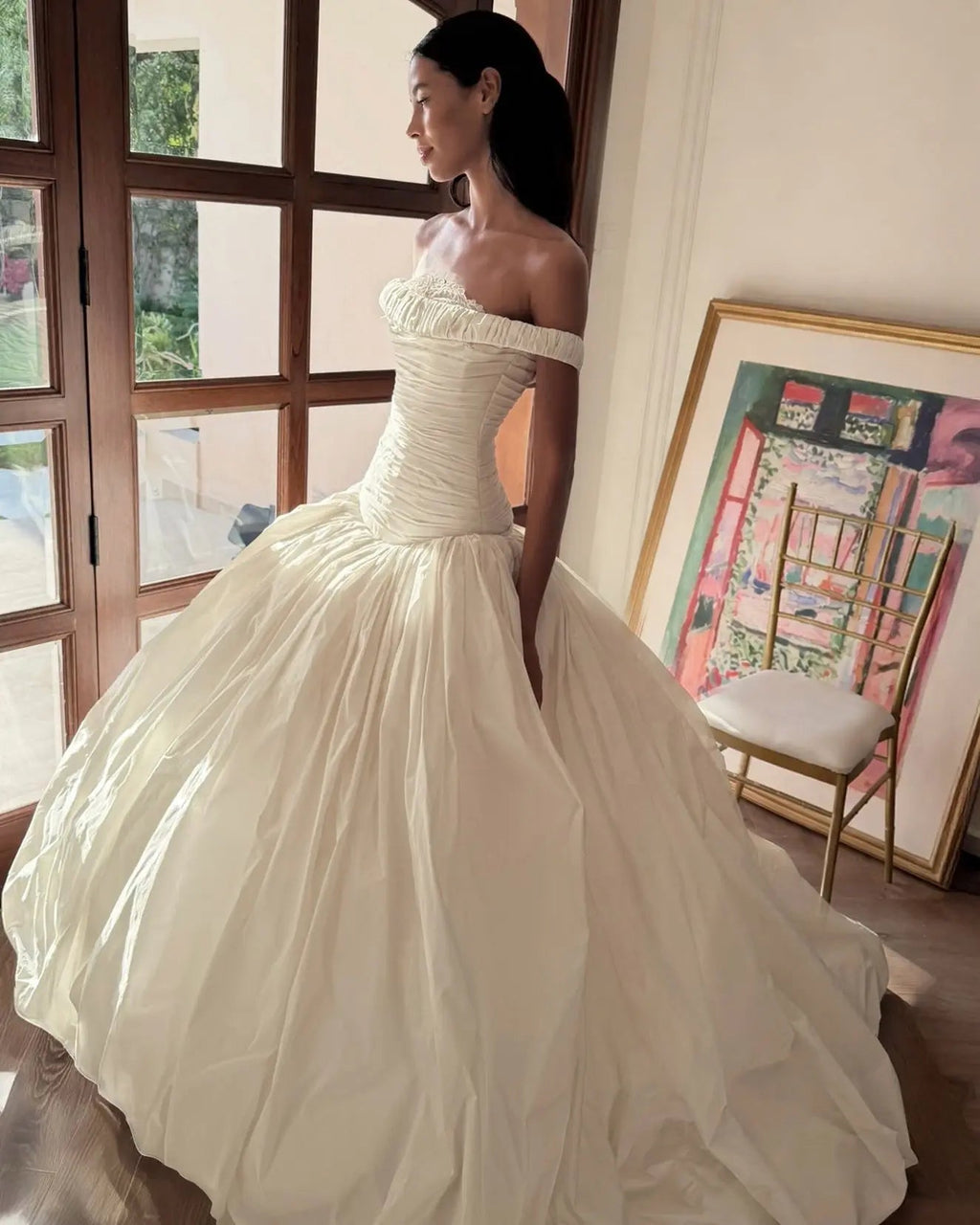 Elegant Ivory Strapless Ruched Satin Ball Gown Wedding Dress SW234
