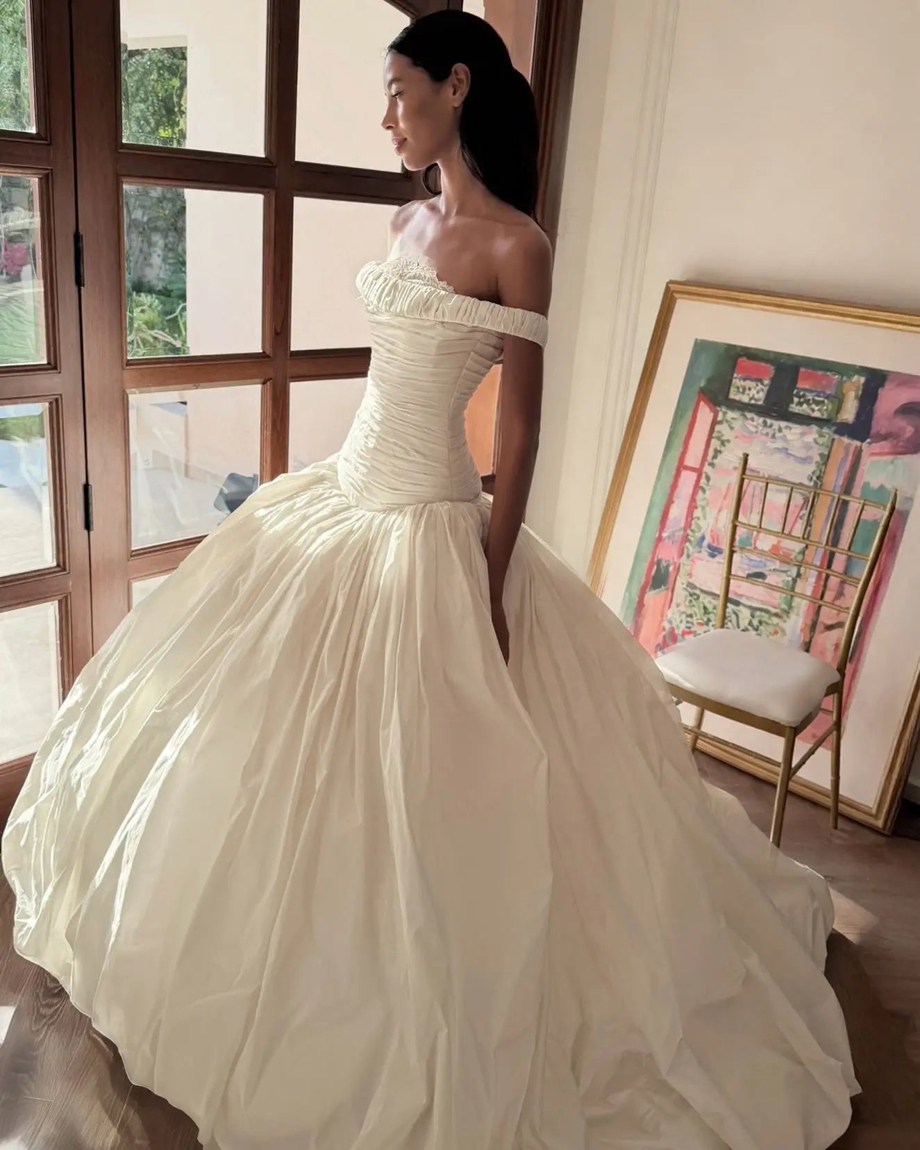 Elegant Ivory Strapless Ruched Satin Ball Gown Wedding Dress SW234
