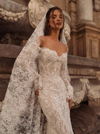 Bohemian Ivory Off-the-Shoulder Sheer Lace Mermaid Wedding Dress with Veil SW176