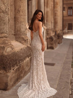 Sophisticated Ivory High Cold Shoulder Beaded Lace Fitted Wedding Dress SW175