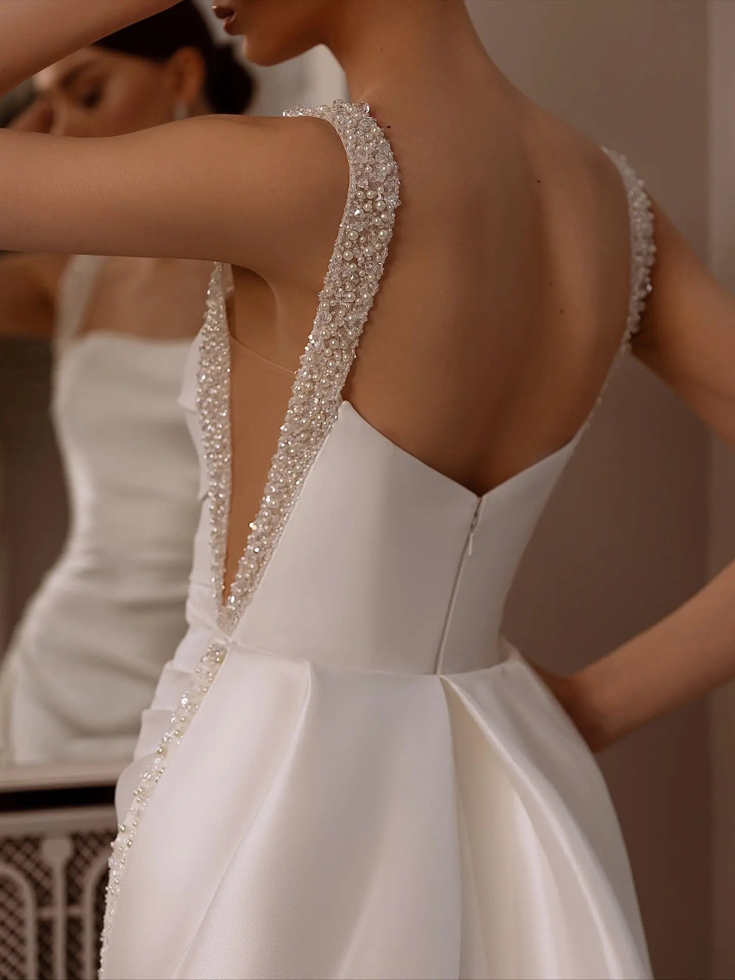 Luxury White Satin Beaded Overlay Mermaid Train Wedding Dress SW174
