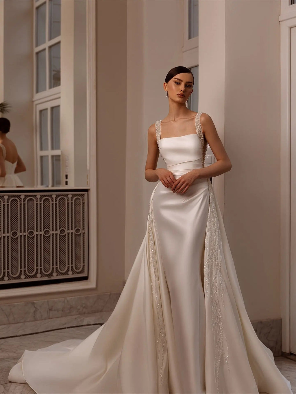 Luxury White Satin Beaded Overlay Mermaid Train Wedding Dress SW174