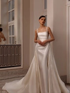 Luxury White Satin Beaded Overlay Mermaid Train Wedding Dress SW174