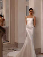 Luxury White Satin Beaded Overlay Mermaid Train Wedding Dress SW174