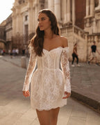 Luxury Ivory Off-the-Shoulder Long Sleeve Lace Mini Wedding Dress SW170