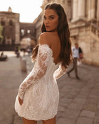 Luxury Ivory Off-the-Shoulder Long Sleeve Lace Mini Wedding Dress SW170